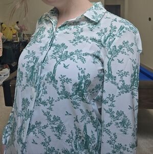 Green and White Forest Castle Patterned Shirt